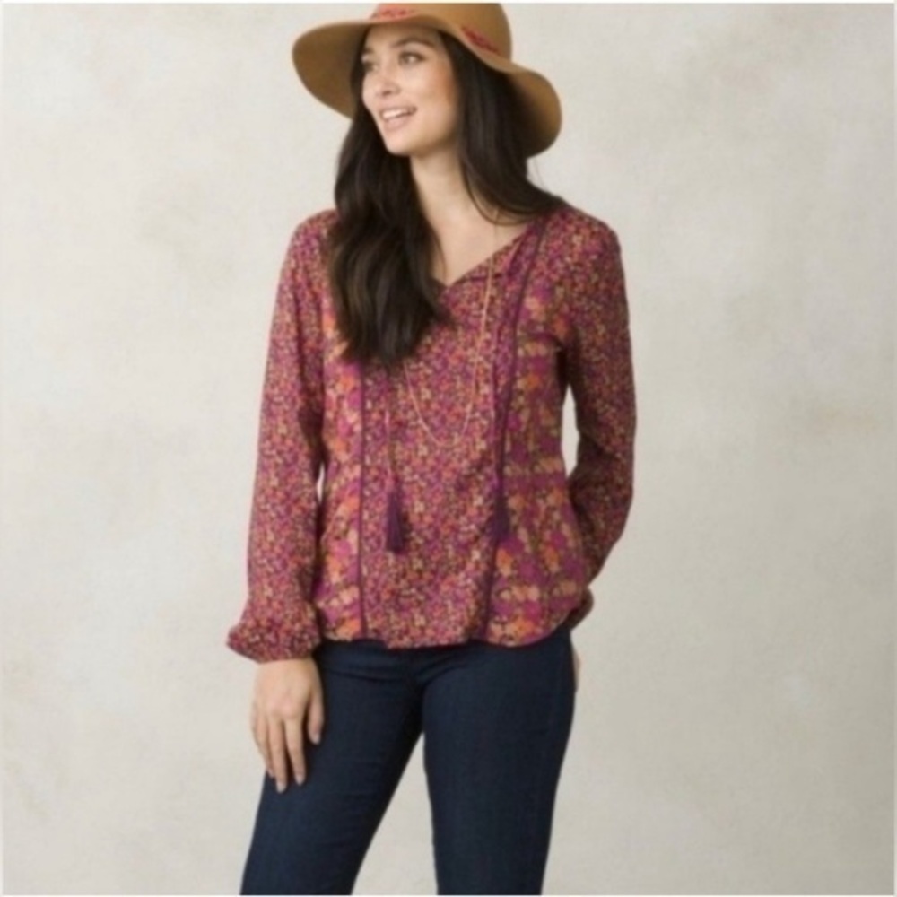 PrAna Faith Blouse Top Floral Tassel Peasant Purple NWT